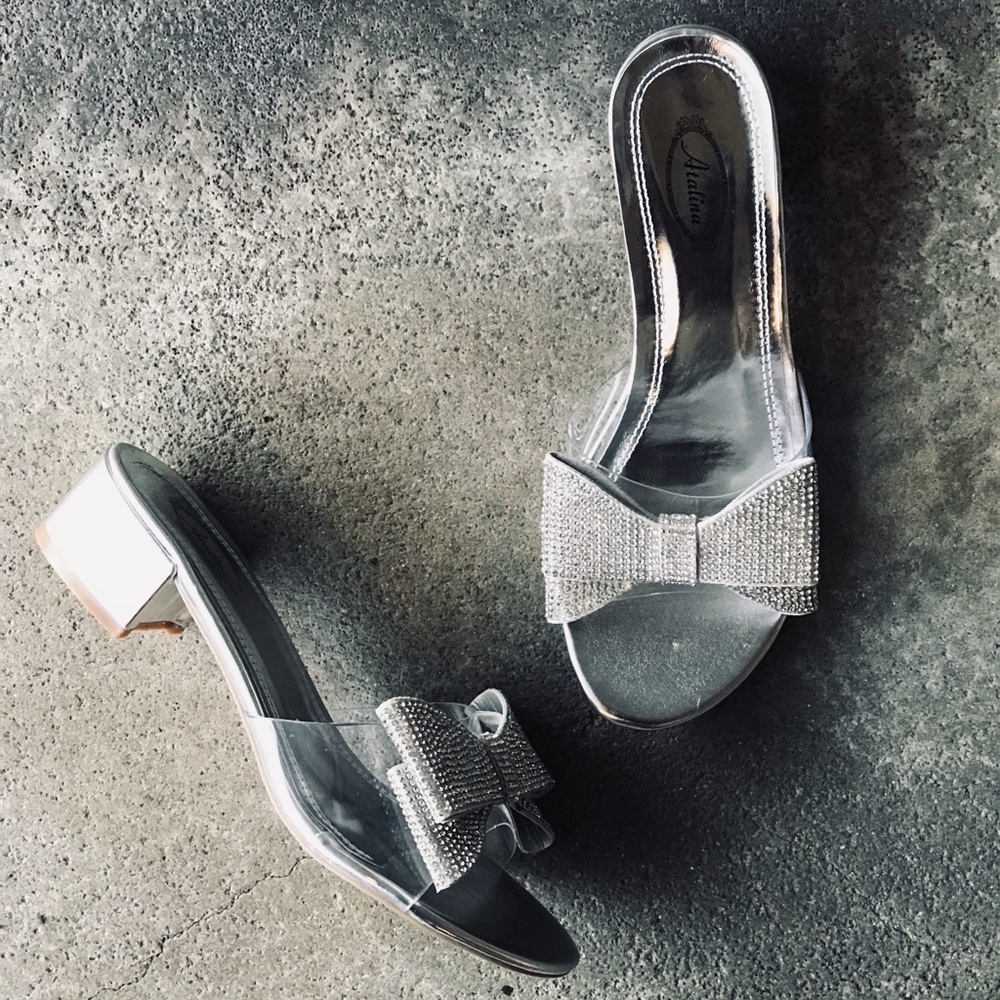 1 left! Italina Silver Bow Rhinestone Mule Heel 7 - Picture 5 of 8